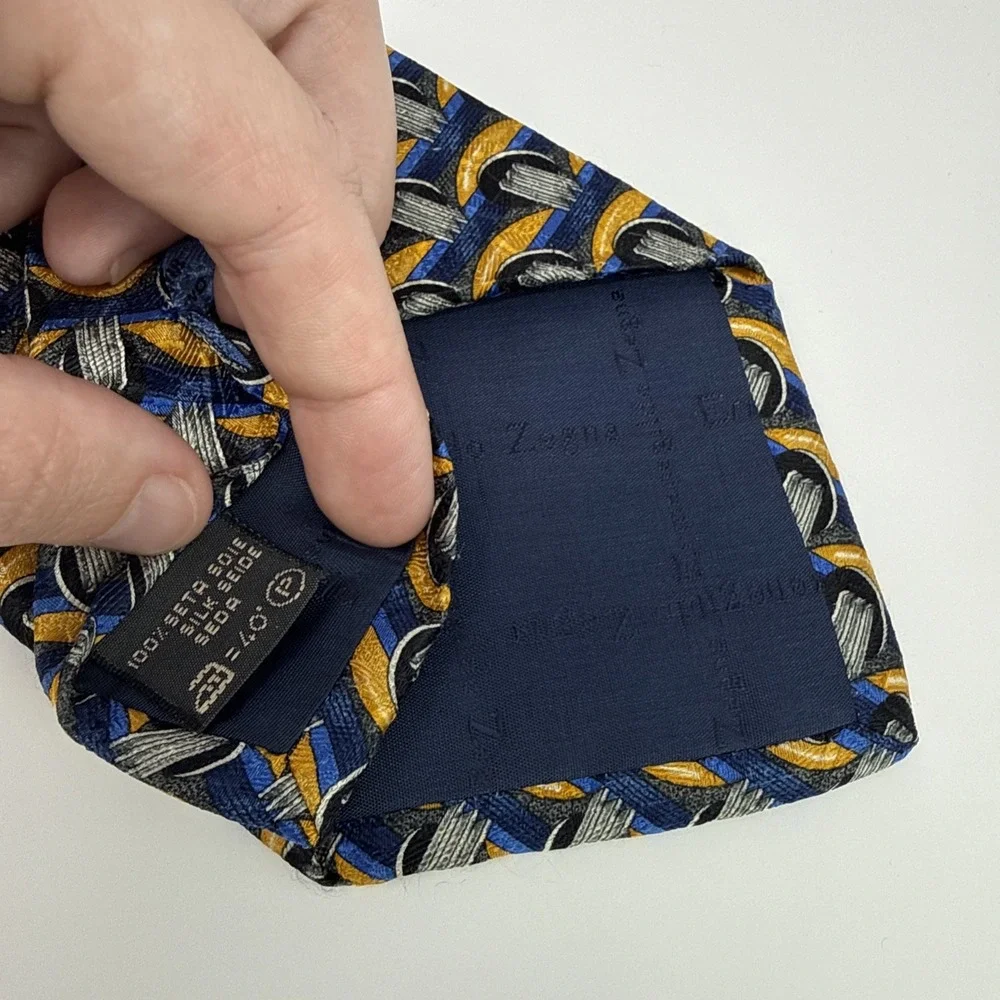 Ermenegildo Zegna Mens Silk Tie Blue Gold Geometric Made in Italy Accessory